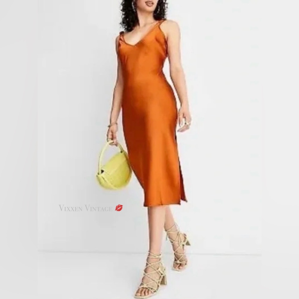 FUTURE COLLECTIVE SATIN ‘V-NECK MIDI SLIP DRESS’ IN RUST